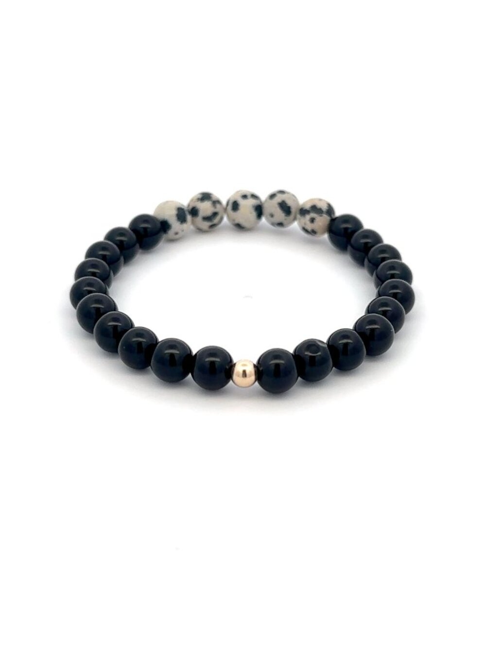 Natural Dalmatian Jasper Onyx 14K Solid Gold Bead Stretch Bracelet